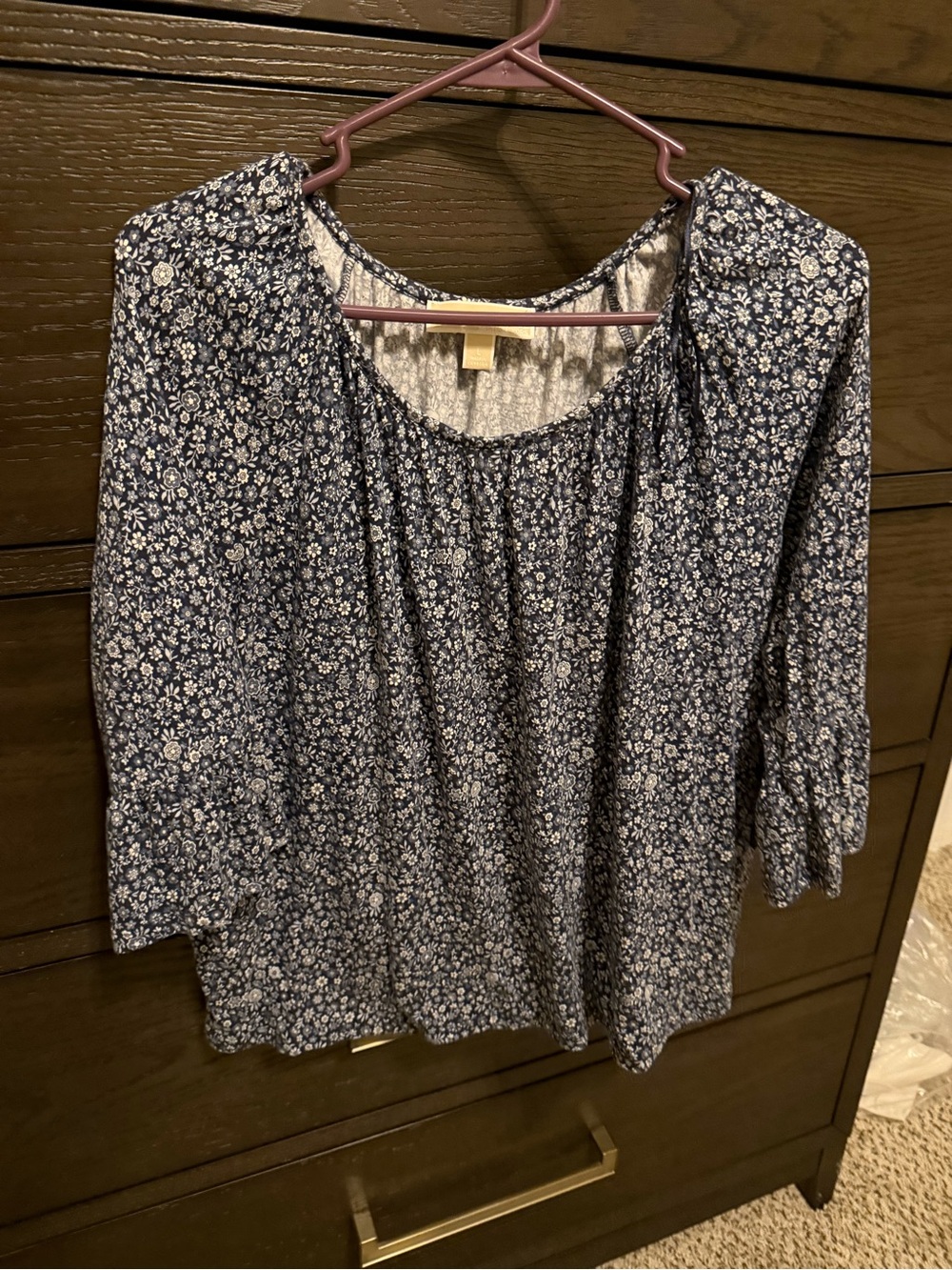 Michael Kors Blue Floral Peasant Blouse with Gathered Neckline